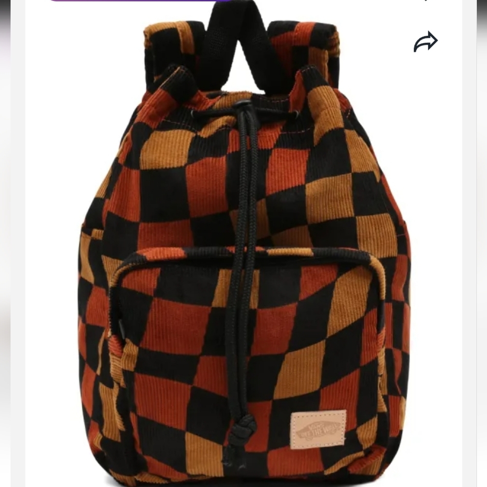 Vans Corduroy Checkerboard Drawstring Backpack - Black, Rust & Tan,  Rosebud
